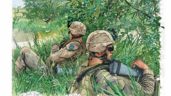 Steve Mumford. Far from relaxed, these Lima Co, 3/6 Marines on a patrol out of Camp Coutu, Marja, are watching for insurgent activity while an Explosives and Ordinance Demolition team defuses a large improvised explosive device meant for our patrol, 2010. Pencil and watercolor on paper. Courtesy of the artist and Postmasters Gallery, New York. © Steve Mumford
