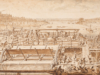 Lieven Cruyl, Ghent 1634 - before 1720, Dutch School, A View of Paris on the River Seine with the Construction of the Pont Royal on the Right, the Quai and the Gardens of the Tuileries, Pen, Brown Ink & Wash on Paper, 7 1/2 x 11 3/4 inches (19 x 30 cms), Signed and Dated: "Livinus Cruyl PBR fecit 1686"
