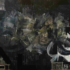 Zavier Ellis, The End of Days, 2014, Liquitex acrylic, spray paint, oil, tape, collage on board, 200 x 300 cm