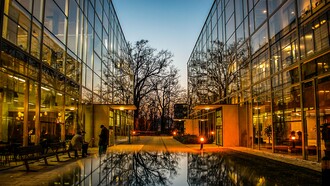 An open office precinct where lighting and visibility reinforce security, presenting the relationship between design and crime prevention
