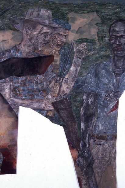 Leon Golub, Mercenaries II (Section II), 1975, acrylic on linen, 259 x 152 cm, Copyright the artist, courtesy the Estate of Leon Golub and Anthony Reynolds Gallery, London