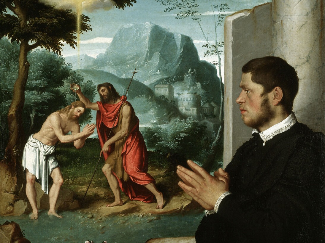 Giovanni Battista Moroni, A Gentleman in Adoration before the Baptism of Christ (detail), c.1555-60. Oil on canvas, 112.8 x 104 cm, Gerolamo and Roberta Etro. Photo Gerolamo and Roberta Etro