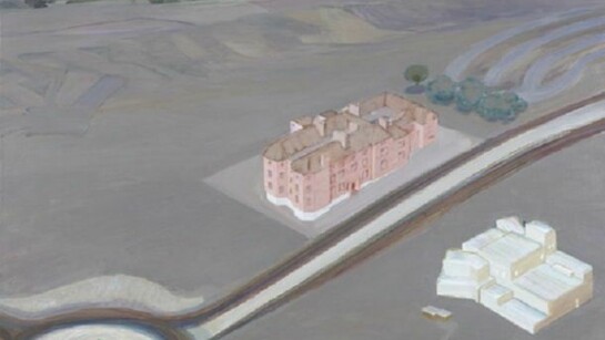 Carol Rhodes, Two Buildings, 2012, Oil on board, 47 x 56 cm