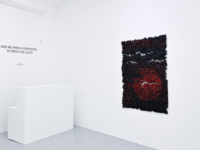 Eva Obodo, And we hired a carpenter to patch the cloth, exhibition view. Courtesy of Afikaris Gallery and the artist