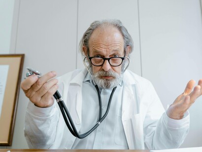 Un medico con barba, occhiali e stetoscopio al collo, guarda dritto verso lo spettatore con un'espressione confusa, mentre tiene lo stetoscopio in una mano e gesticola con l'altra: "Mi lasci fare due conti, sa com’è, per ogni ospite qui riceviamo un contributo dalla regione e perderne due in un botto non è poco, ma le ripeto credo che si possa fare, anzi ne sono certo..."