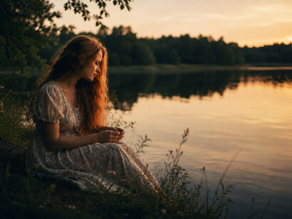 Bathed in the warm glow of sunset, a woman with long hair enjoys a tranquil moment by the lakeside surrounded by nature