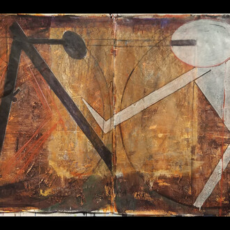 Garth Claassen, Dispute, mixed media on Tyvek, 2023, 42x84 inches. Courtesy the artist and Stewart Gallery