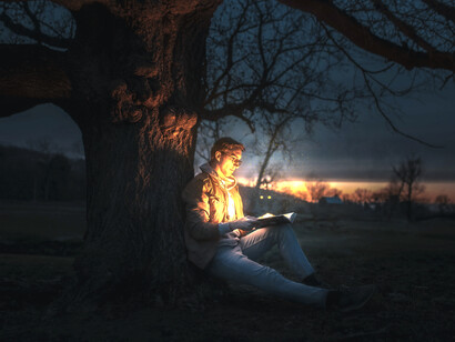 Hombre leyendo un libro debajo de un árbol. El 95% de la población mundial tiene la mentalidad desfasada de su tiempo
