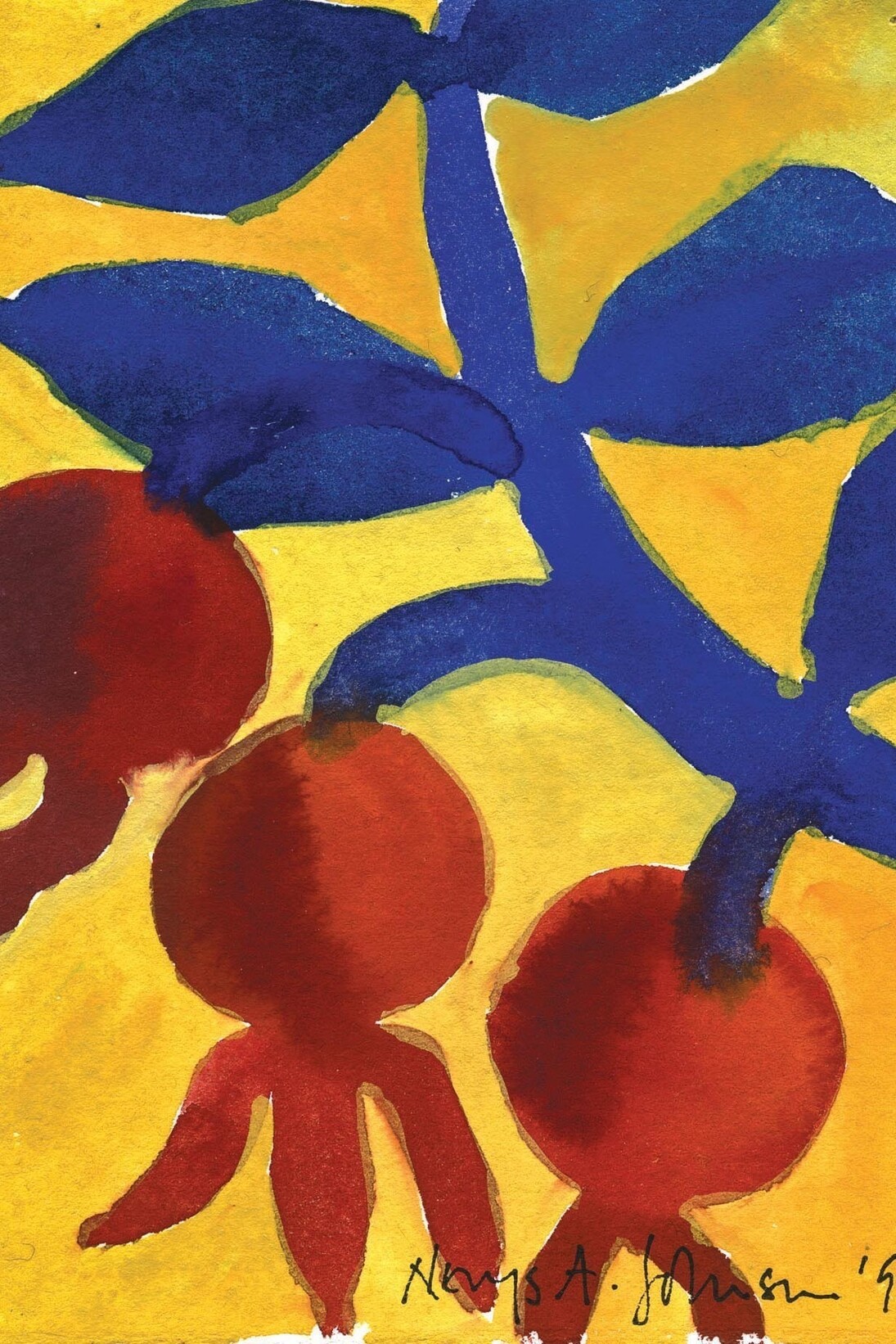 Nerys Johnson, Rosehips with Blue Stalks and Leaf on orange, gouache 1998, 14 x 10 cm