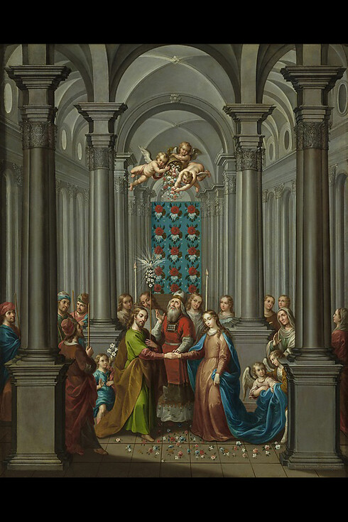 The Marriage of the Virgin (Los Desposorios de la Virgen), Nicolás Enríquez (Mexican, 1704–1790), 1745, Mexican, Oil on copper (Óleo sobre cobre), 49 1/4 × 41 1/2 × 2 3/4 in. (125.1 × 105.41 × 6.99 cm); Unframed: 41 3/8 × 32 11/16 in. (105 × 83 cm)Courtesy of Los Angeles County Museum of Art, purchased with funds provided by Kelvin Davis, Lynda and Stewart Resnick, Kathy and Frank Baxter, Beth and Josh Friedman, and Jane and Terry Semel through the 2012 Collectors Committee (M.2012.38.1)