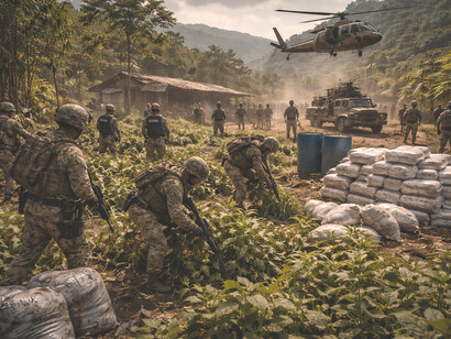 Armed military units dismantle coca cultivation during a large scale counter drug operation highlighting the fusion of security policy and the illicit drug economy