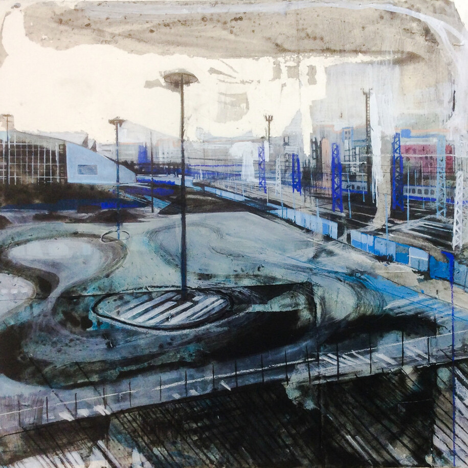 Anna Capolupo, TorinoNowhere 9, 2014, tecnica mista su carta applicata su tela, 50 × 51 cm