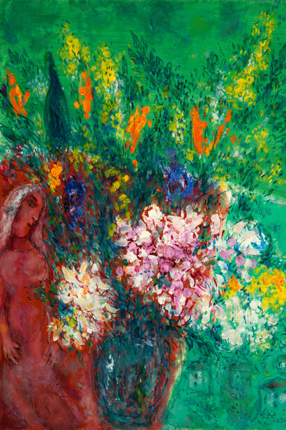 Marc Chagall, Mazzo di fiori su fondo rosso e verde, 1970. Per gentile concessione di Palazzo di Diamanti