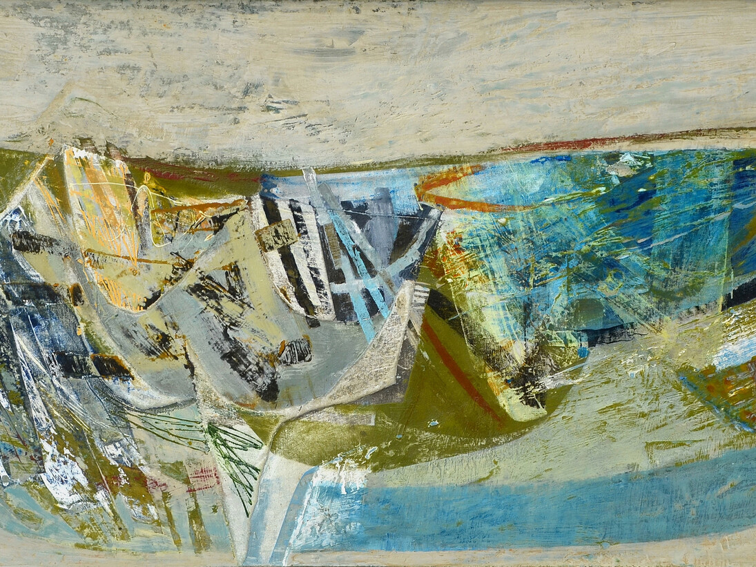 Peter Joyce, Flooded Pools, 2014, Acrylic and collage on wood panel, 64 cm x 104 cm