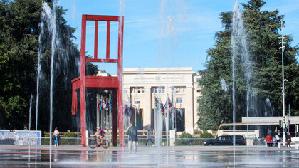 The chair that stands on the Place des Nations across the UN gate symbolizing humanity’s opposition to the use of indiscriminate weapons 