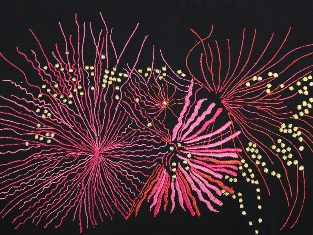 Pilar Albarracín, Fuegos artificiales, 2015, Silk embroideries, 11 3/4 x 19 5/8 x 0 3/8 in. Courtesy Galerie GP & N Vallois, Paris