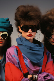 Girls dressed in 80s fashion, showcasing bold, colorful blazers