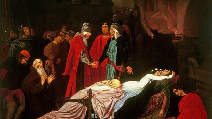 «La reconciliación de los Montesco y los Capuleto sobre los cadáveres de Romeo y Julieta» (1855), Frederic Leighton