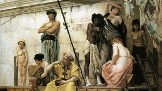 La esclavitud en la antigua Grecia fue un aspecto central de su sistema socioeconómico, presente en diversos ámbitos de la vida cotidiana. Gustave Boulanger, Mercado de esclavos, 1886 (detalle)