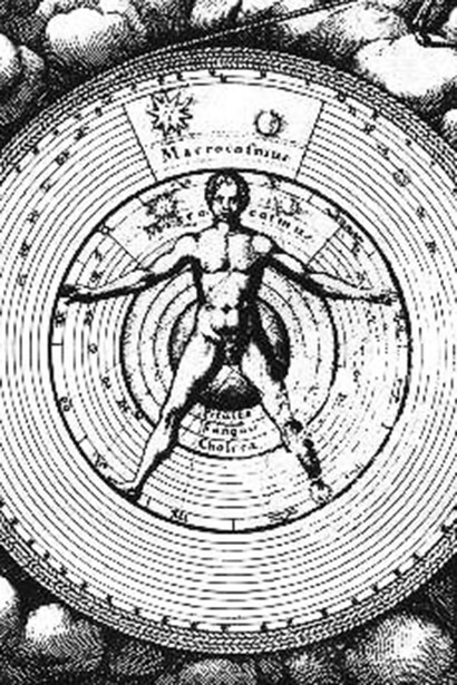 Il macrocosmo dell'universo riassunto nel microcosmo dell'uomo vitruviano: frontespizio dell'Utriusque Cosmi Historia di Robert Fludd, pubblicato a Oppenheim da Johann Théodor De Bry nel 1617-18