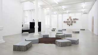 Installation view - Il panorama verso oltremare intorno dove le stelle si avvicinano di una spanna in più, 2001, Diorite granite stones, Oltremare paint, 10 x 23 x 31 in. (25.4 x 58.4 x 78.7 cm each)


