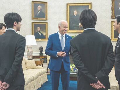 President Joe Biden speaks with BTS in the Oval Office of the White House on Tuesday, May 31, 2022, highlighting issues of anti-Asian hate and the power of cultural influence