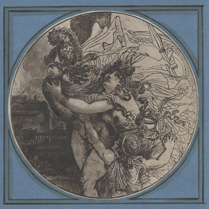 Reproduction of a Drawing of 'The Rape of Helen' after Anne-Louis Girodet de Roussy-Trioson, 1861, pigment process with ferric chloride and tartaric acid (probably double transfer), with applied lead white
highlights, 20,1 (28,6) x 20,4 (23,3) cm. Courtesy of Daniel Blau gallery