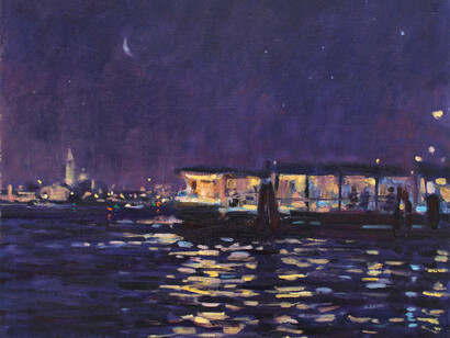 George Devlin, Night Vaporetto, oil on canvas, 51 x 56 cm