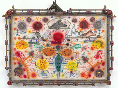 Roy De Forest, Untitled, 2001, mixed media on paper with artist designed frame, 41 1/2 x 54 1/4 x 4 3/4 inches. Courtesy of Brian Gross Fine Art