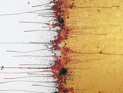 Imran Qureshi, Opening Word of This New Scripture, 2015, Acrylic paint and gold leaf on canvas, 152,4 x 182,9 cm (60 x 72 in), Each panel 152,4 x 91,4 cm (60 x 36 in), Courtesy Galerie Thaddaeus Ropac Paris/Salzburg. Photo: Usman Javed