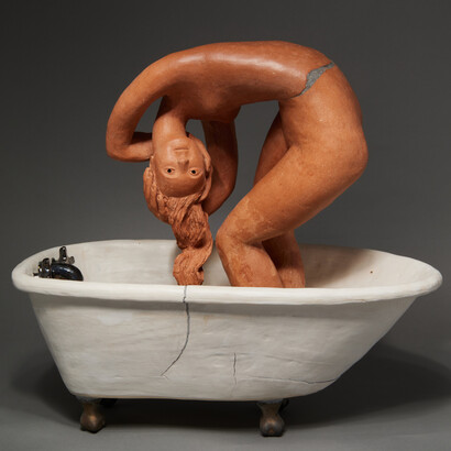 Kristen Newell, Bather with Flowers, 2023, earthenware, stoneware, glaze, epoxy, resin and dried flowers, signed and dated on bottom. Courtesy of the artist and Wolfs Gallery