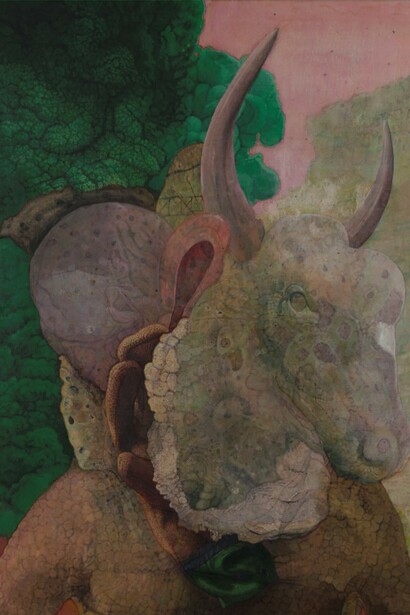 Oscar Giaconia, BHULK (The Bulldose), 2020, acrilico, ossidi, fiele di bue, taurocolla, gelatina di pesce, brodo di carne, agar, caglio e coagulante liquido su fibra cellulosica in teca di polizene e silicone, 100 x 70 cm, foto Roberto Ferro. Courtesy the artist and Monitor Rome, Lisbon, Pereto