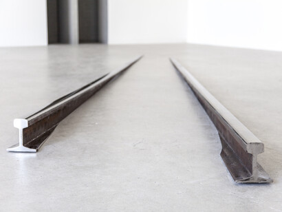 Oliver Beer Highway (2014) Polished train rails Two parts, each 600 x 15.3 x 15 cm.  Image © the artist. Courtesy of Ikon
