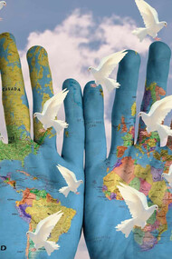 Hands painted with the world, doves of peace flying about