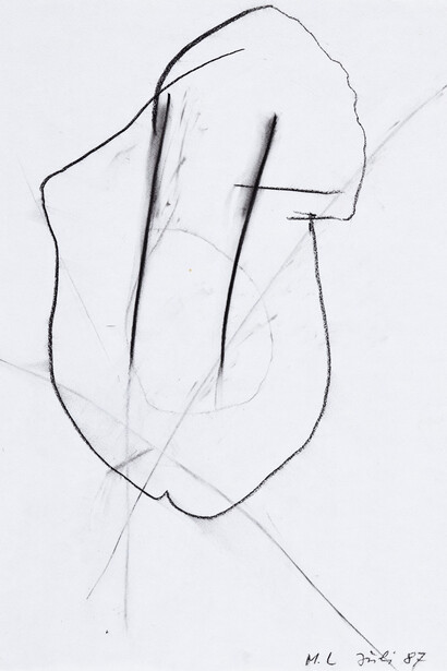 Maria Lassnig 
Ohne Titel (Untitled)
1987
Charcoal on paper
42 x 29.7 cm / 16 1/2 x 11 3/4 in

© Maria Lassnig Foundation
Courtesy the Foundation and Hauser & Wirth
Photo: Roland Krauss 

