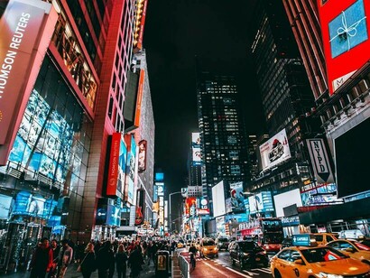 Times Square at night in New York City, USA