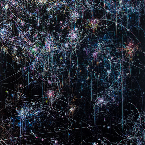 Kysa Johnson, blow up 258 - The long goodbye - subatomic decay patterns with star remnants and dying stars in the milky way. Panel 3 of 3, 2015, High Gloss Paint and Ink on Board, 60 x 144 in.