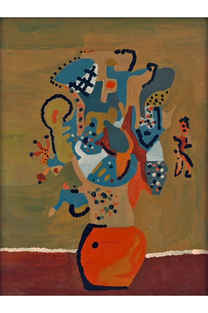 Gaston Chaissac, Bouquet de Fleurs, 1943-1944, oil on paper mounted on canvas, 25 1/2x19 3/4 inches, 65x50 cm. Courtesy of Michael Werner Gallery, New York and London