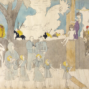 Henry Darger, At Wickey San Rinia – They are captured …, entre 1950 et 1960, gouache, mine de plomb et encre sur papier, 48 x 128 cm. Collection abcd