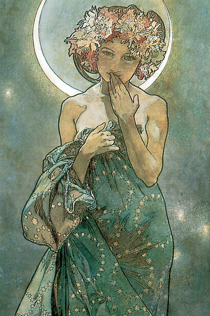 Alfons Mucha, Studie für Der Mond, 1902, Detail. Stift, Tuschezeichnung und Aquarell, 56 x 21 cm. The Mucha Trust Collection