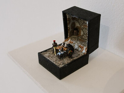 Curtis “Talwst” Santiago,The Domino Players “Jamaican Style,” 2016. Acrylic paint, fabric, plastic figurines, and found jewelry box, 1 3/4 × 3 inches. Courtesy the artist, Photo: Natalie Conn