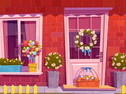 A cottage house facade adorned for the Easter holiday, with a basket of eggs and a flower wreath or bouquet, reminiscent of a home setting from an online game