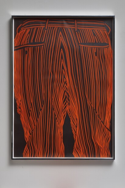 Fiona Banner, Pinstripe Face Bum 2015, Graphite, vinyl, fluorescent paper, 102 x 73 x 3.7 cm (framed), Courtesy the artist and Frith Street Gallery, London 
