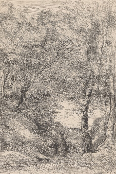 Jean-Baptiste-Camille Corot, French, 1796-1875, Maurice le Garrec, publisher, French, d. 1937, Horace’s Gardens (Les Jardins d’Horace), from the portfolio “Forty Clichés-Verres” (Quarante Clichés-Glaces), ca. 1855 (printed in 1921) Cliché-verre on paper, Museum purchase: anonymous gift 47.719.14