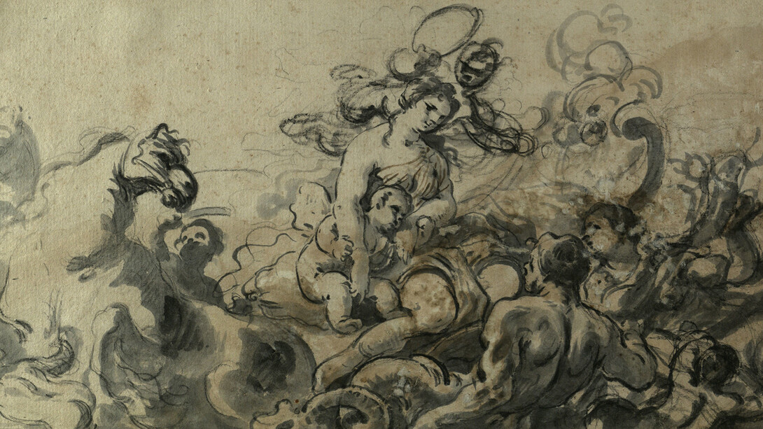 Disegno - Luca Giordano, Il carro di Teti, 1682-1685
Matita, inchiostro e acquerello su carta bianca; mm. 190 x 130
Napoli, Società Napoletana di Storia Patria, inv. 1107