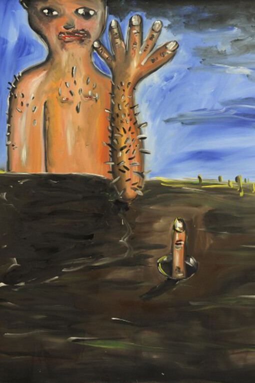 Walter Dahn and Jiri Georg Dokoupil, Ohne Titel (Mann + Finger) (detail), 1982, Acrylic on canvas, 78 3/4 x 59 inches, 200 x 150 cm, © 2014 Walter Dahn and Jiri Georg Dokoupil.  