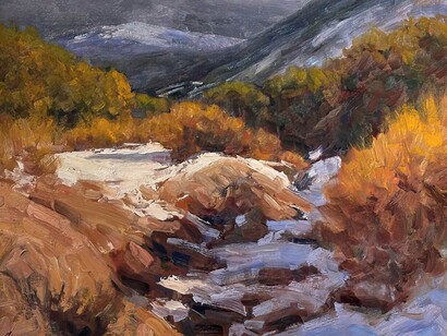 Lorenzo Chavez,
Canyon de Domingo Baca (detail), 2024,
Oil,
15.50 x 19.50 in (39.37 x 49.53 cm). Courtesy of the artist and Abend Gallery