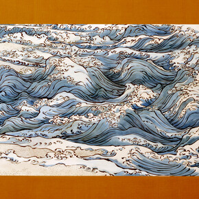 Masami Teraoka, Waves: Waimanalo Beach, 1986 – 88, watercolor on paper, mounted as a scroll, 42x94 inches. Courtesy of Catharine Clark Gallery, San Francisco