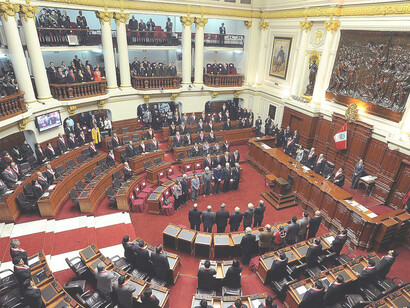 Panoramic view of the Congress of the Republic of Peru hemicycle, the setting for parliamentary plenary sessions