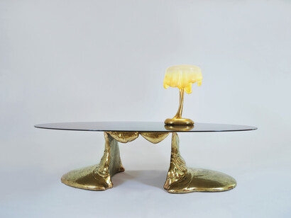 César, Expansion Table, 1977, Bronze, Base: 28.35 H x 90.55 x 35.43 inches, 72 H x 230 x 90 cm, Glass: 110.25 x 69.5 inches, 280 x 177 cm, Valsuani Fonderie, Edition of 8 + 4AP AP, 3/4 Signed "César" and numbered with stamp of foundry. Image courtesy of Demisch Danant. Copyright: © 2014 Artists Rights Society (ARS), New York / ADAGP, Paris.
